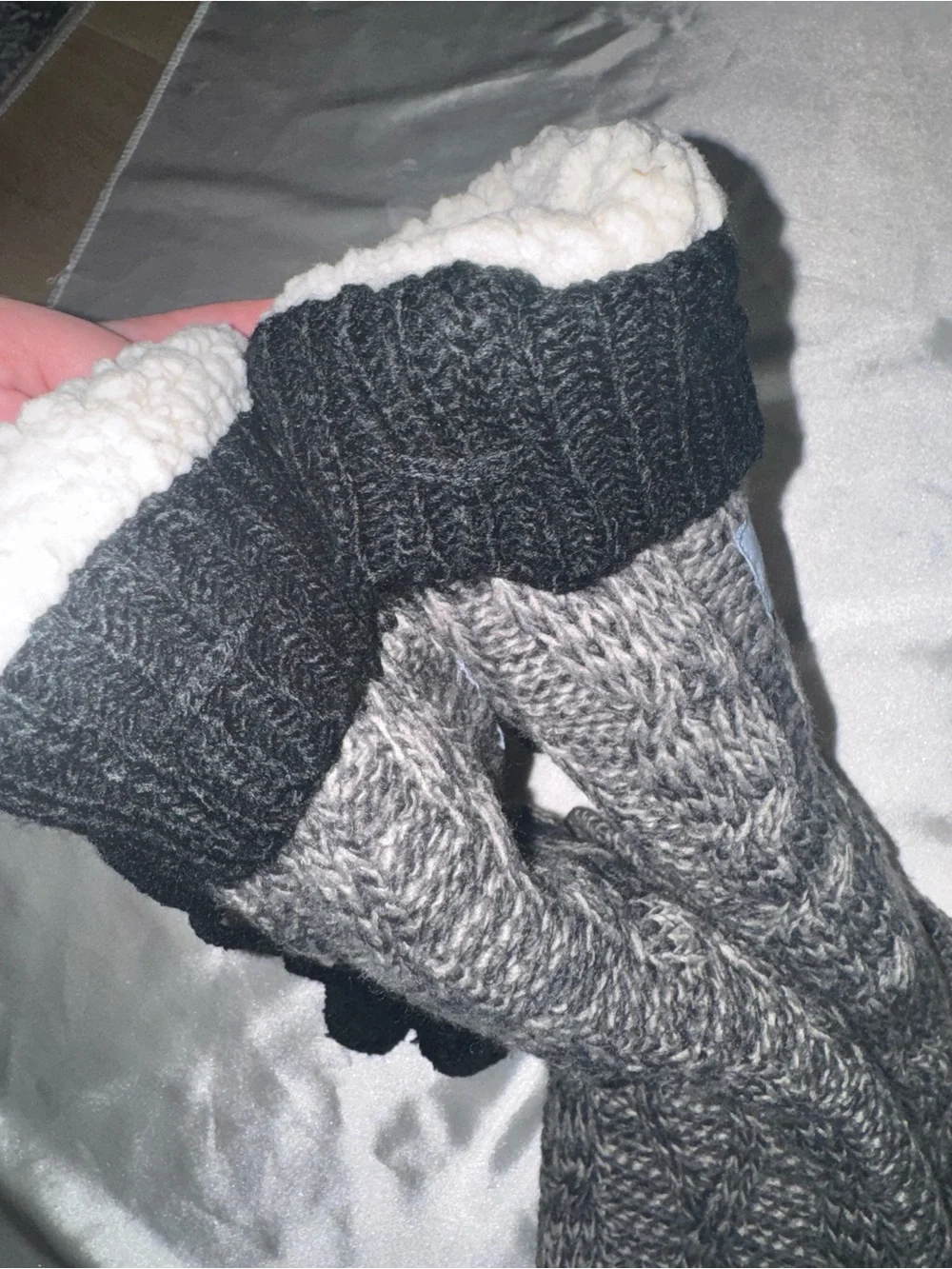Jane and Bleecker Gray and Black Knit Pom-Pom Fleece-Lined Slipper Socks